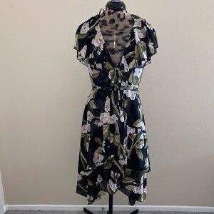 Samuel Blue Black Floral Layered Flutter Ruffle Wrap Midi Summer Dress 2-4